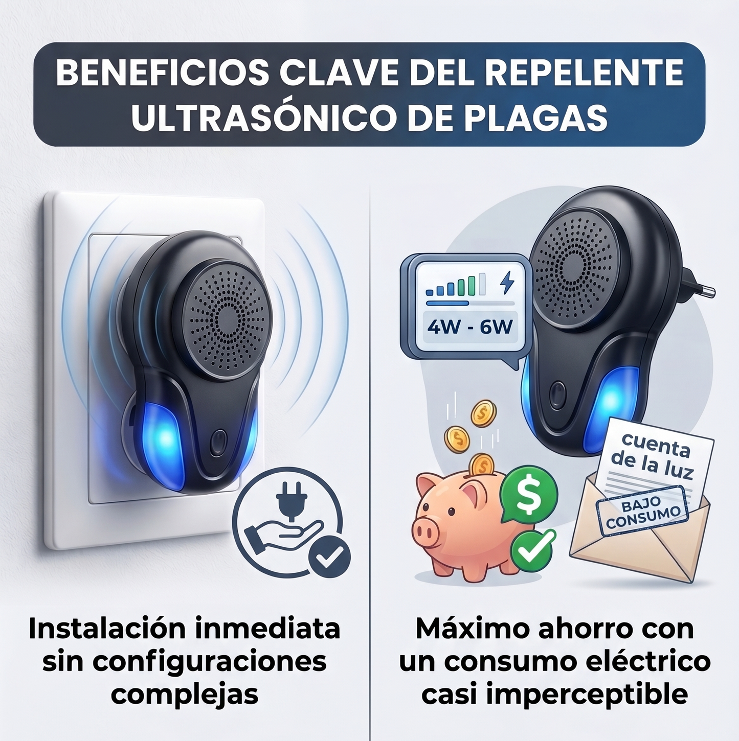 Repelente Eléctrico Ultrasónico Ratones/Insectos/Arañas: Proteja su hogar de roedores e insectos de forma limpia, continua y sin venenos peligrosos