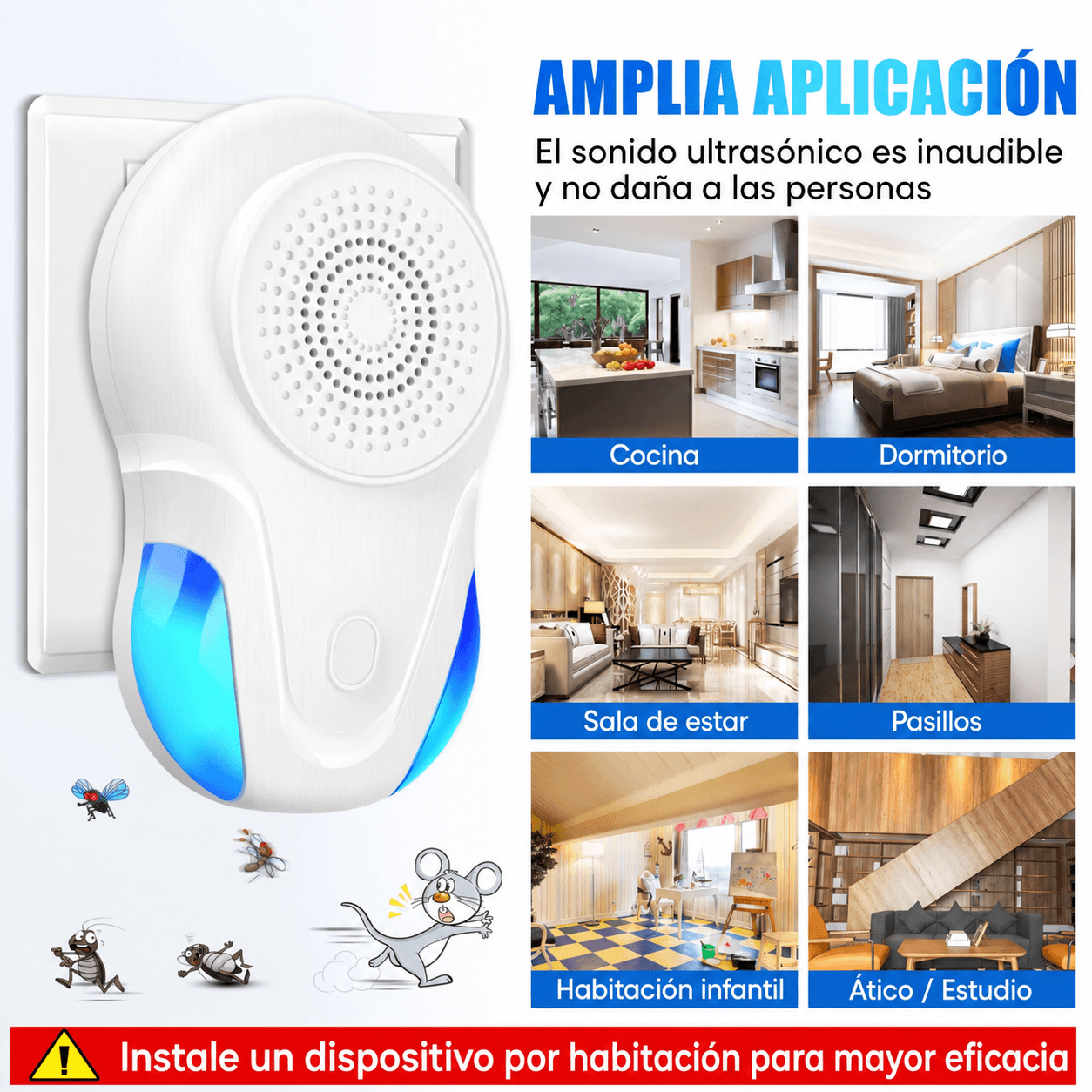 Repelente Eléctrico Ultrasónico Ratones/Insectos/Arañas: Proteja su hogar de roedores e insectos de forma limpia, continua y sin venenos peligrosos